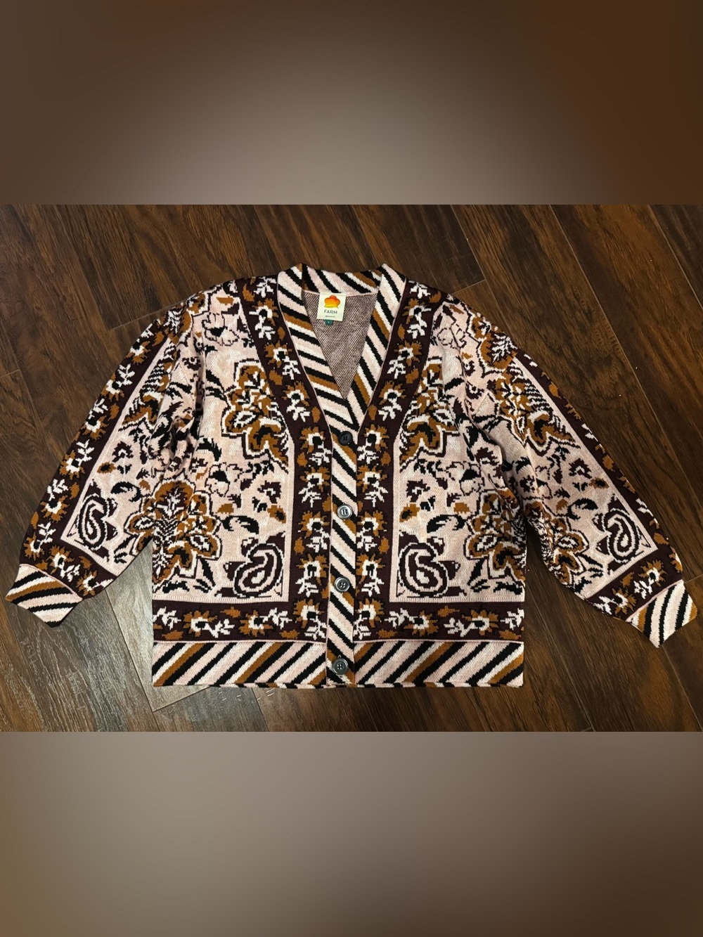 FARM Rio Brown and Cream Patterned V-Neck Cardigan - Picture 6 of 8